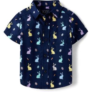 The Children’s Place Baby Boys’ and Toddler Poplin Short Sleeve Button Down Shirt(Tidal Bunny)