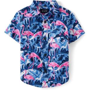 The Children’s Place Baby Boys’ and Toddler Poplin Short Sleeve Button Down Shirt(Tidal Flamingo)