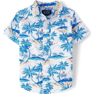 The Children’s Place Baby Boys’ and Toddler Poplin Short Sleeve Button Down Shirt(White Palm Tree Print)
