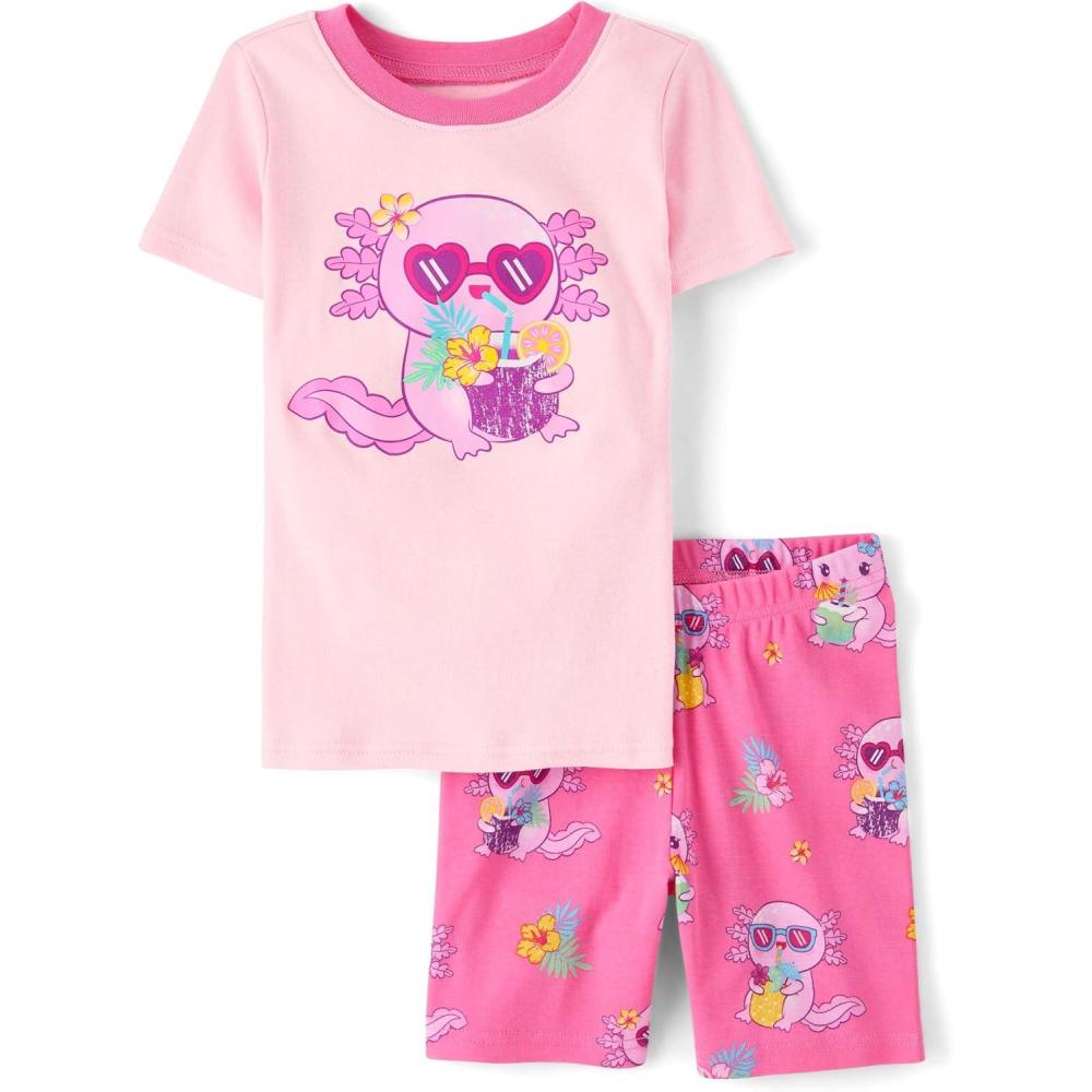 imageThe Childrens Place Girls 100 Cotton Sleeve Top and Shorts 2 Piece Pajama SetBow Pink