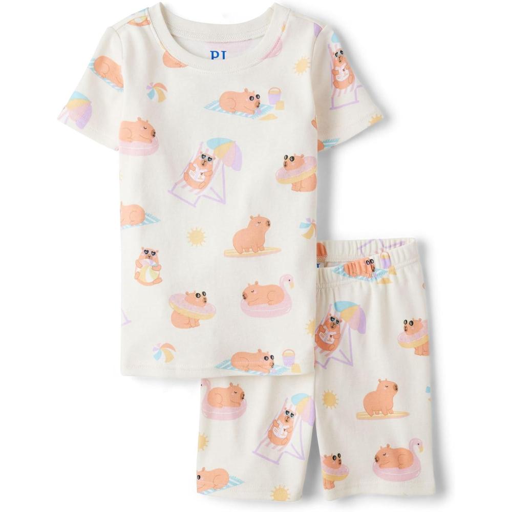 imageThe Childrens Place Girls 100 Cotton Sleeve Top and Shorts 2 Piece Pajama SetFair Ivory