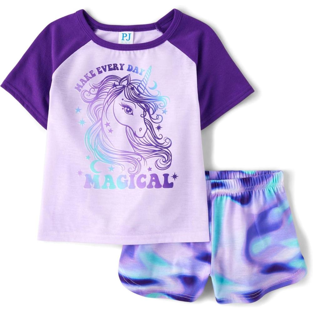imageThe Childrens Place Girls Short Sleeve Top and Shorts2 Piece Pajama SetMagical Unicorn