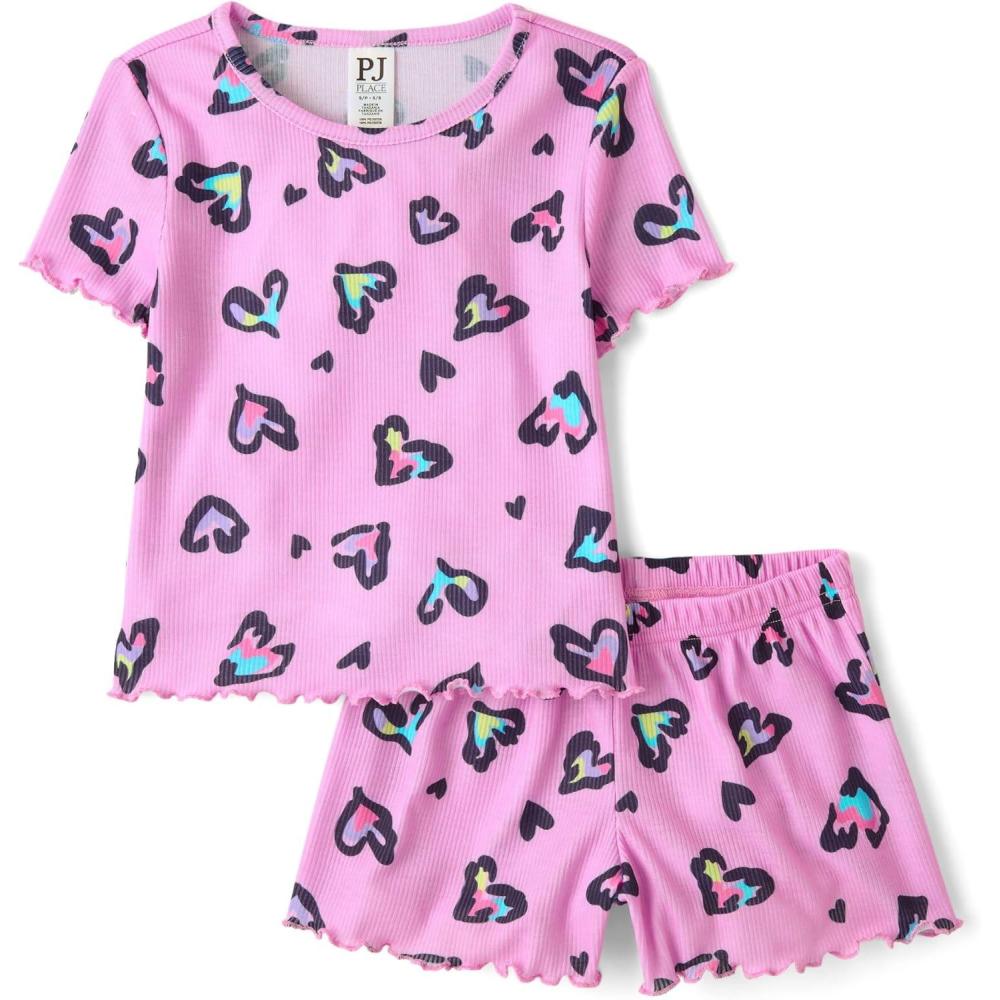 imageThe Childrens Place Girls Short Sleeve Top and Shorts2 Piece Pajama SetPink Rainbow Hearts