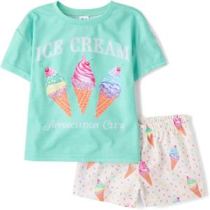 The Children’s Place Girls’ Short Sleeve Top and Shorts,2 Piece Pajama Set(Ice Cream Cones)
