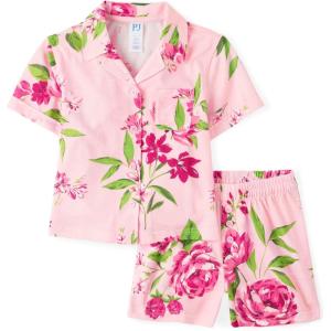 The Children’s Place Girls’ Short Sleeve Top and Shorts,2 Piece Pajama Set(Pink Floral Button)