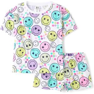 The Children’s Place Girls’ Short Sleeve Top and Shorts,2 Piece Pajama Set(Rainbow Faces)