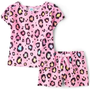 The Children’s Place Girls’ Short Sleeve Top and Shorts,2 Piece Pajama Set(Sparkle Pink Leopard)
