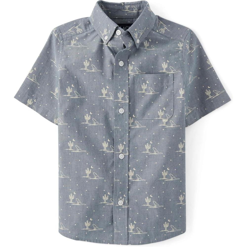 imageThe Childrens Place Boys Short Sleeve Poplin Button Down ShirtFederal Blue