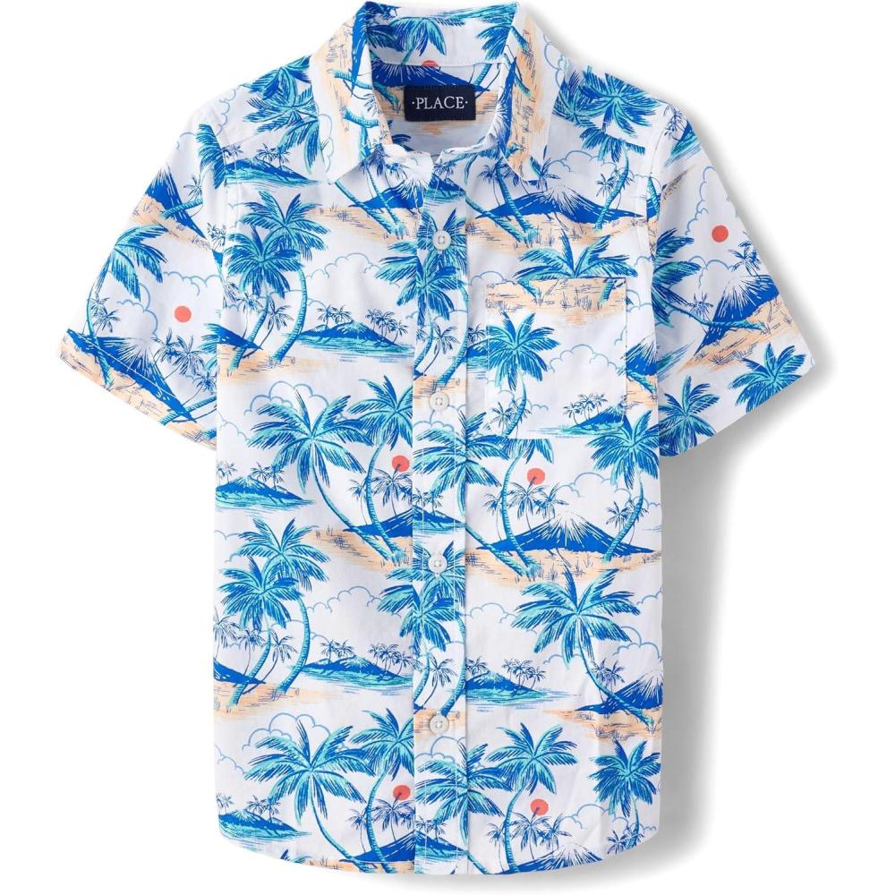 imageThe Childrens Place Boys Short Sleeve Poplin Button Down ShirtWhite Palm Tree Print