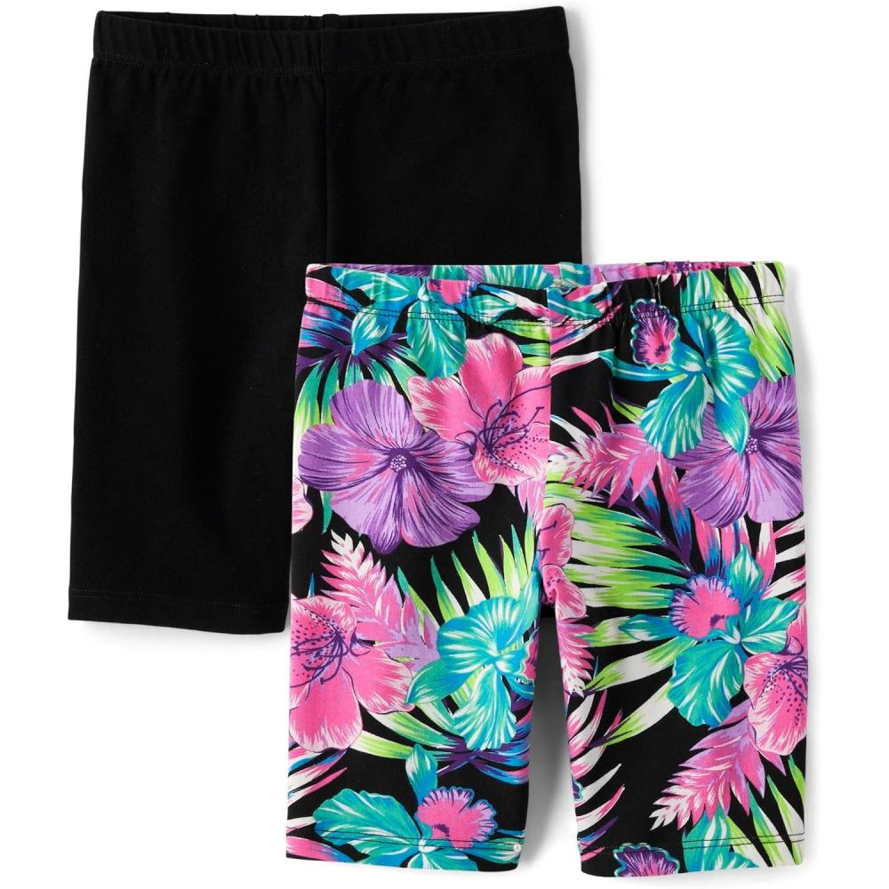 imageThe Childrens Place Girls Solid Bike ShortsBlack Floral 2pack