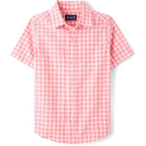 The Children’s Place Boys’ Short Sleeve Poplin Button Down Shirt(Cherry Gingham)