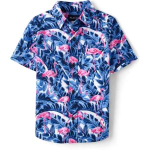 The Children’s Place Boys’ Short Sleeve Poplin Button Down Shirt(Tidal Flamingo)