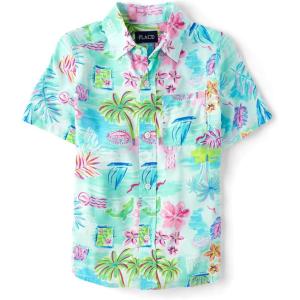 The Children’s Place Boys’ Short Sleeve Poplin Button Down Shirt(Tropical)