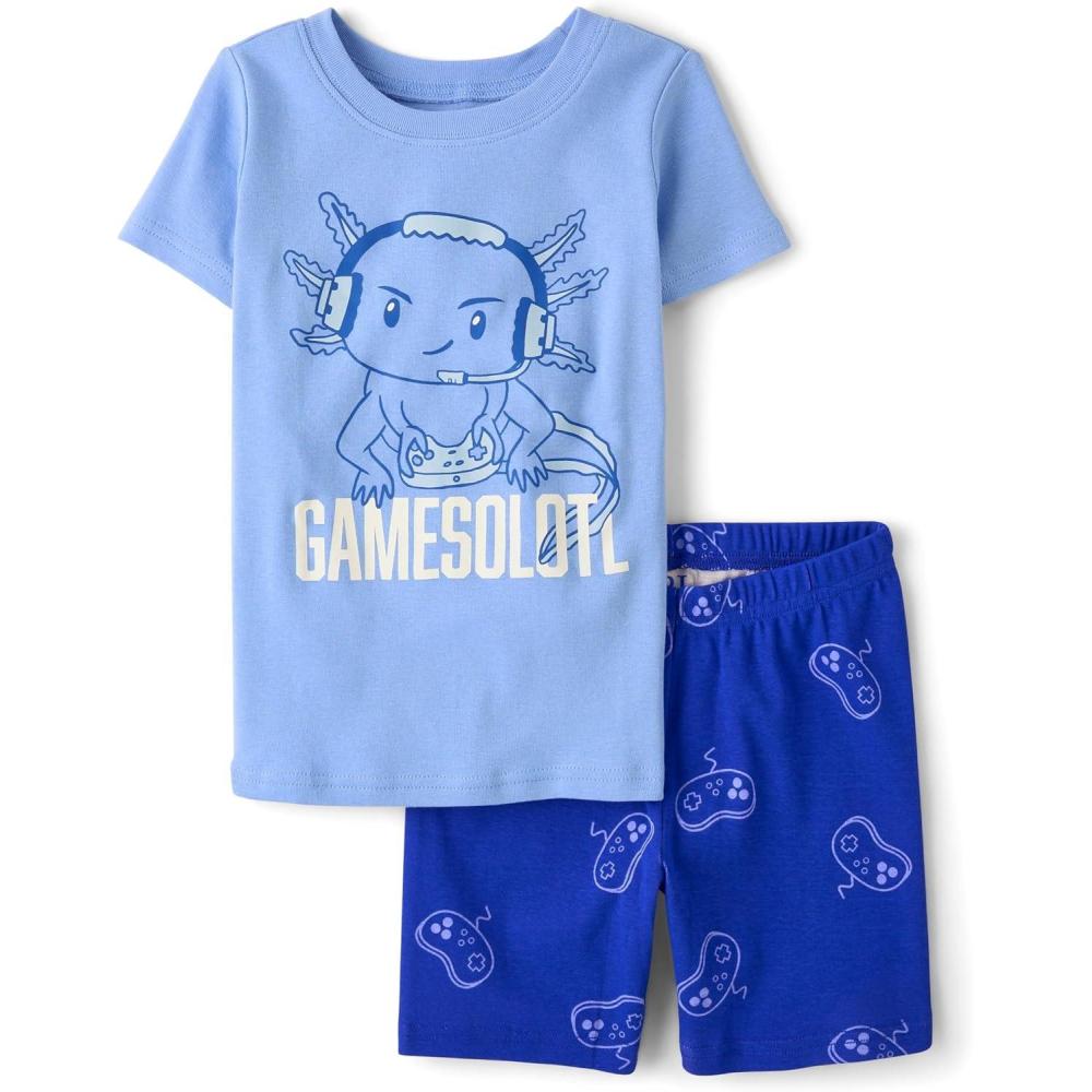 imageThe Childrens Place Boys 100 Cotton Sleeve Top and Shorts 2 Piece Pajama SetGamer Axolotyl