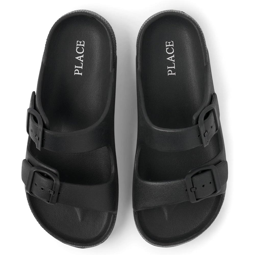 imageThe Childrens Place Boys Boys Everyday Slip on Double Buckle Slide SandalsBlack