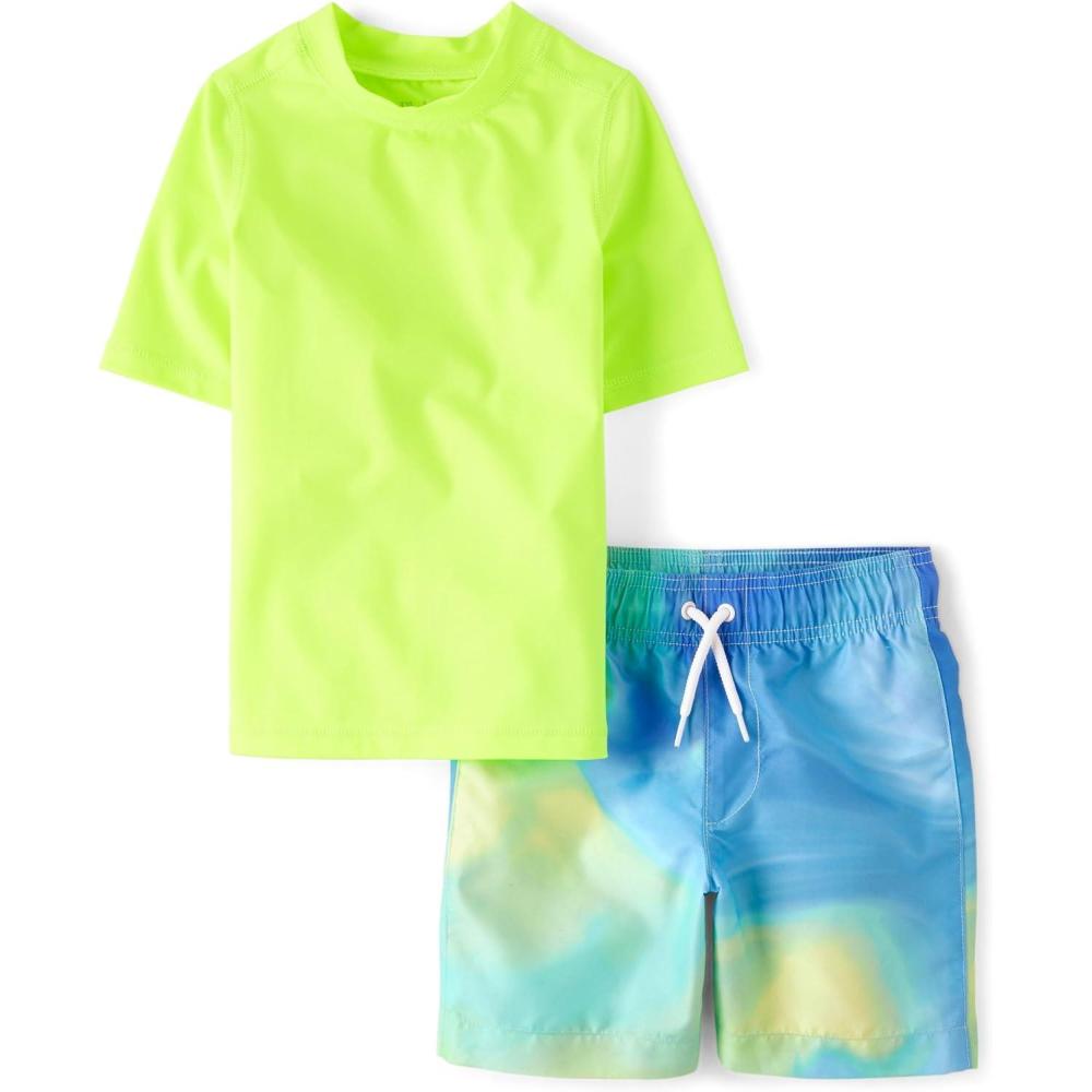 imageThe Childrens Place Boys Short Sleeve Rashguard and Swim Trunk 2piece SetBubbly Blue