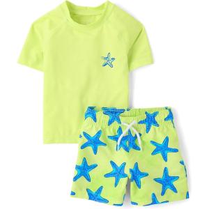 The Children’s Place Baby Boys’ and Toddler Short Sleeve Rashguard and Bottoms(Lime Starfish)