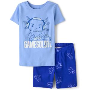The Children’s Place Boys’ 100% Cotton Sleeve Top and Shorts 2 Piece Pajama Set(Gamer Axolotyl)