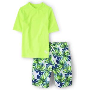 The Children’s Place Boys’ Short Sleeve Rashguard and Swim Trunk, 2-piece Set(Green Palms)