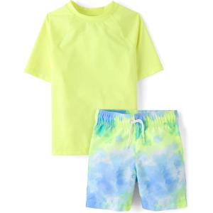 The Children’s Place Boys’ Short Sleeve Rashguard and Swim Trunk, 2-piece Set(Tie Dye Yellow)